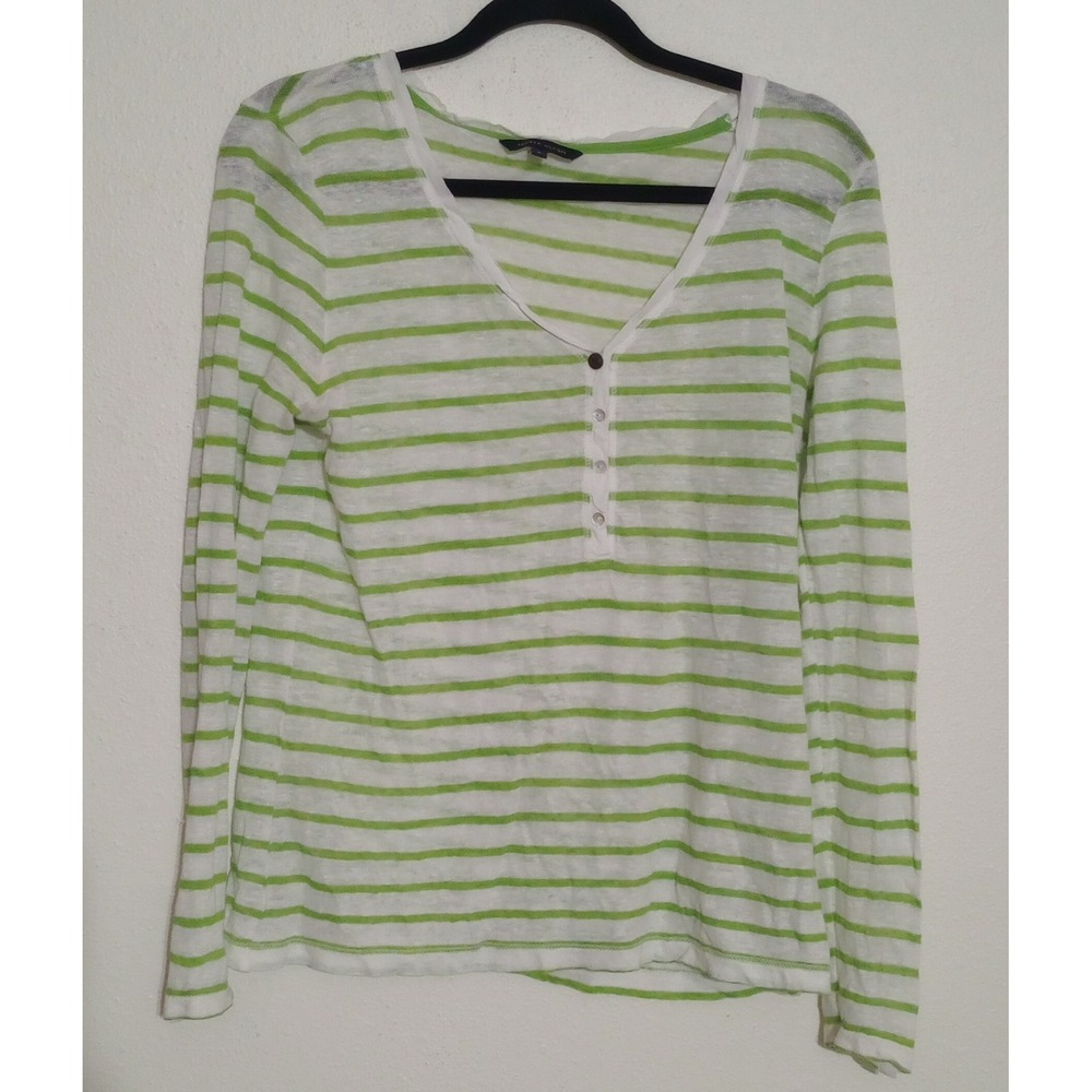 Tommy Hilfiger Womens Lime Green White Striped Henley Long Sleeve Shirt Size M